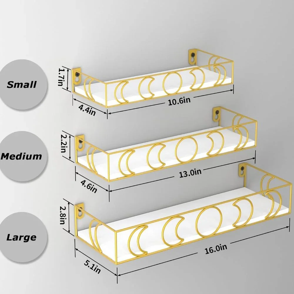 3 PC Set of Wall Shelves Gold Moon Phases Metal with White Shelves - NIB NEW $94